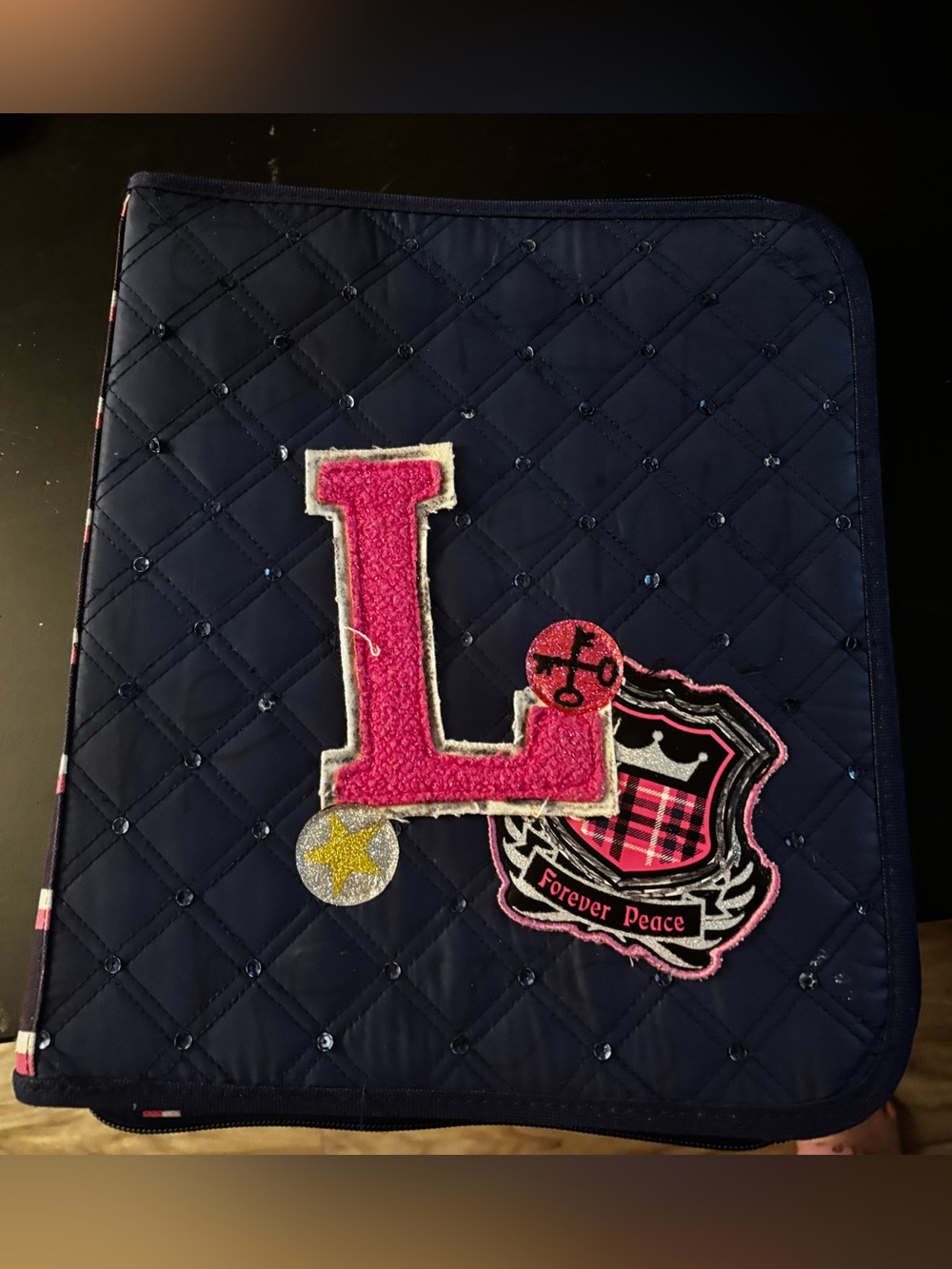 Justice Navy Quilted Binder with Pink 'L' Patch
